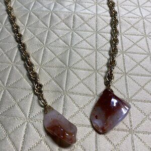 Vintage Gold Tone Chain Necklace with Agate Stone Pendants, 23”